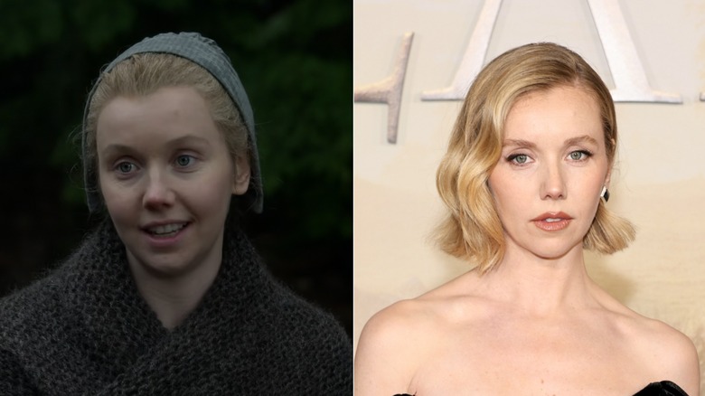 Lauren Lyle wearing a bonnet and with a bob at the Outlander premiere in March