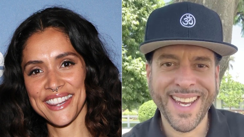 Miranda Rae Mayo smiles while on a red carpet while Andrés González speaks in a video to Instragram followers