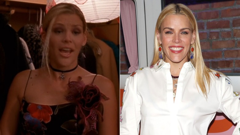 On left, actor Busy Philipps wore her blond hair in a sleek updo with a side part and a tendril of hair loose in the front, along with a black choker necklace and a black strappy floral dress during an episode of Dawson's Creek. On right, actor Busy Philips wore her blond hair straight down with a middle part and a bold red lip along with large red and blue earrings and a white-collared shirt and several necklaces underneath while attending a party in New York City in 2025.