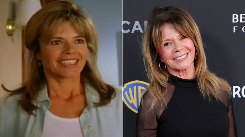 On left, actor Mary-Margaret Humes wore her light brown hair half-up with bangs and neutral makeup along with a white t-shirt under a light-green button-up shirt during an episode of Dawson's Creek. On right, actor Mary-Margaret Humes wore her light brown hair down with volume at the top and curtain bangs along with neutral makeup and hoop earrings paired with a black dress with a high-neck and sheer sleeves at a gala in Los Angeles in 2026.