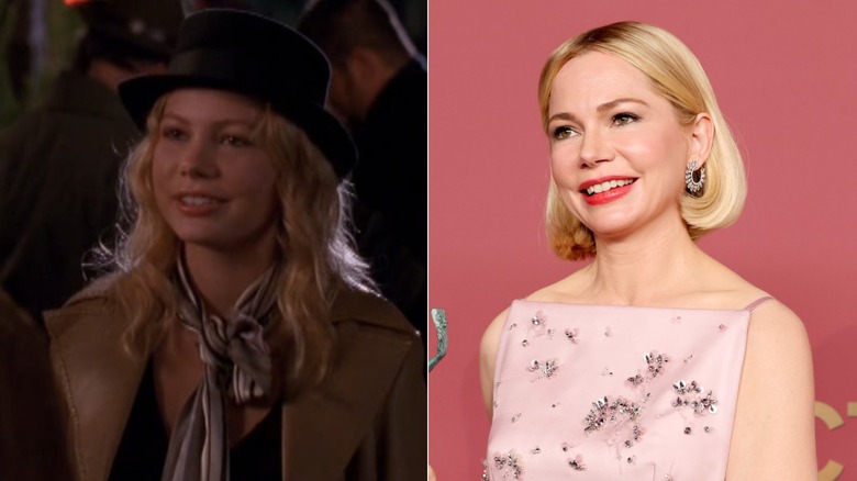 On left, actor Michelle Williams wore her wavy blond hair down under a black derby hat with neutral makeup and a scarf tied around her neck, paired with a v-neck black shirt and a light brown leather jacket during an episode of Dawson's Creek. On right, actor Michelle Williams wore her blond hair in a chic bob with a bold red lip and a light-pink dress with silver embellishments on it at an award show at the Shrine Auditorium in L.os Angeles in March 2026.