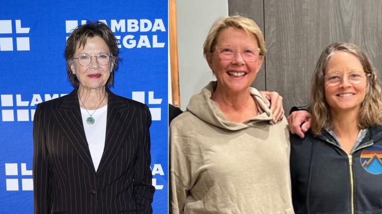 Left: Annette Bening at a red carpet in June 2026. Right: Annette Bening in April 2022 with Jodie Foster