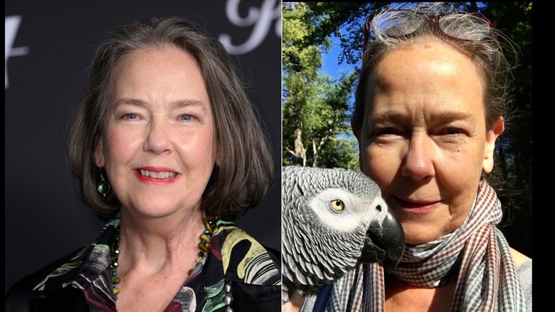 Left: Harriet Sansom Harris on a red carpet in November 2024. Right: Harriet Sansom Harris without makeup, with a parrot in September 2021