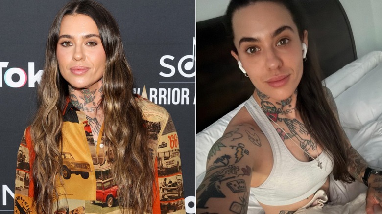 Left: Morgan Wade posing in October 2025. Right: Morgan Wade without makeup in bed with her dog in March 2026
