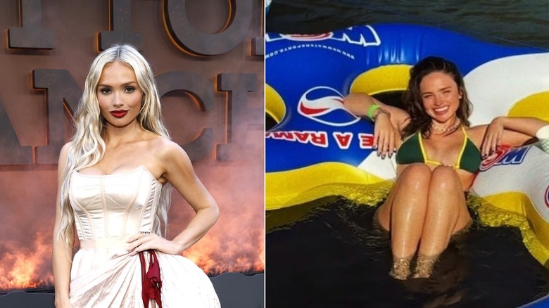 Left: Natalie Alyn Lind posing on a red carpet in May 2026. Right: Natalie Alyn Lind on vacation in June 2025