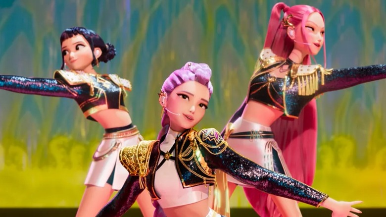 Mira, Zoey, and Rumi performing as Huntr/x in Netflix's "KPop Demon Hunters"