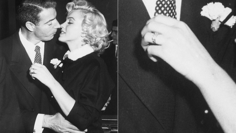 Left: Marilyn Monroe and Joe DiMaggio on their wedding day. Right: a close up of Monroe's engagement ring.