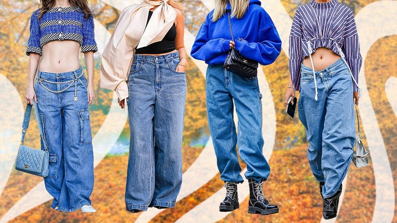 Four women wearing loose jeans