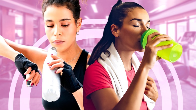 Women with water bottles resting after exercise