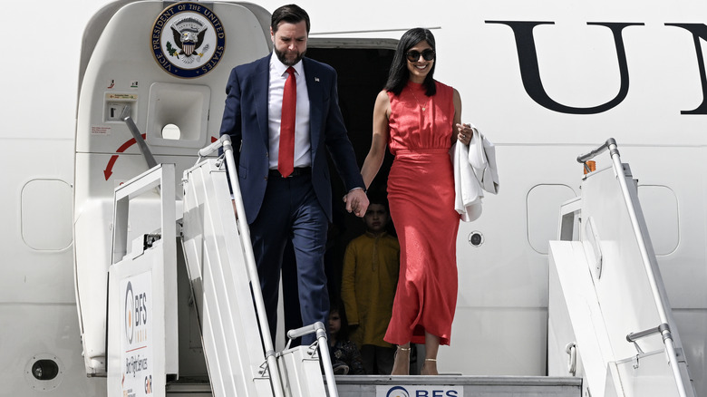 Usha Vance and JD Vance getting off the plane in India