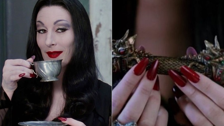 (L) Anjelica Huston as Morticia in "The Addams Family" drinking tea (R) Close-up to Morticia's red nails