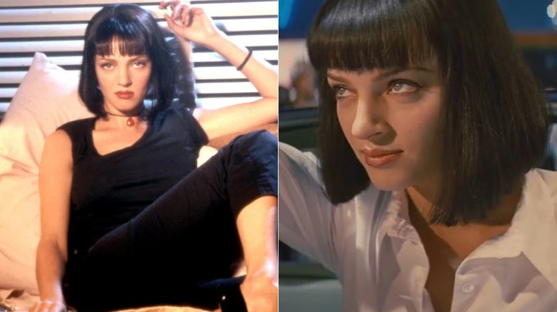 Side by side of two Uma Thurman's looks in "Pulp Fiction"