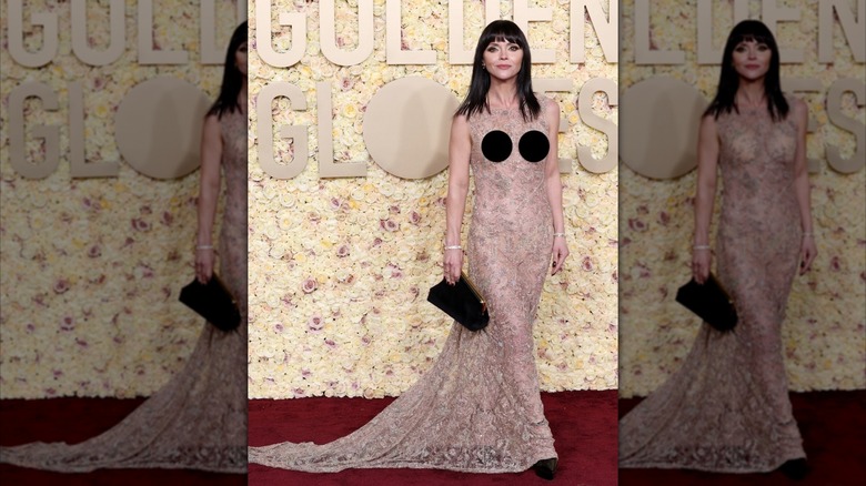 Christina Ricci walks the 2024 Golden Globes red carpet in a sheer dress