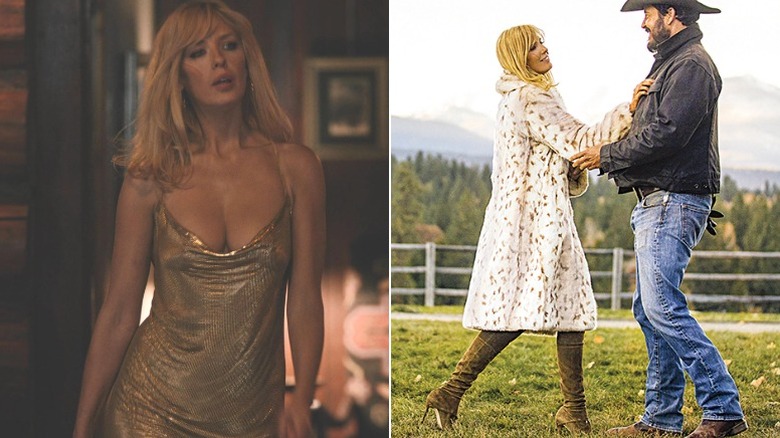 Beth Dutton wearing a gold dress and faux fur coat to marry Rip