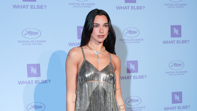 Dua Lipa poses in a silver metallic dress