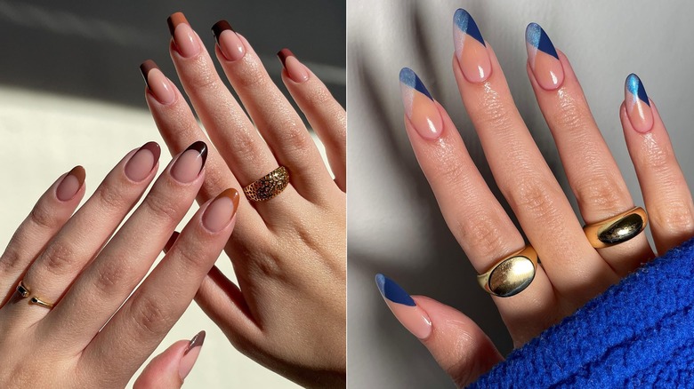 An earthy French manicure next to an angled chrome and sheer French manicure