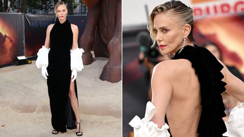 Charlize Theron in a black Givenchy gown and slicked hair at The Odyssey world premiere