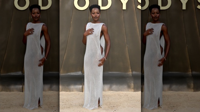 Lupita Nyong'o in a silver gown at The Odyssey world premiere