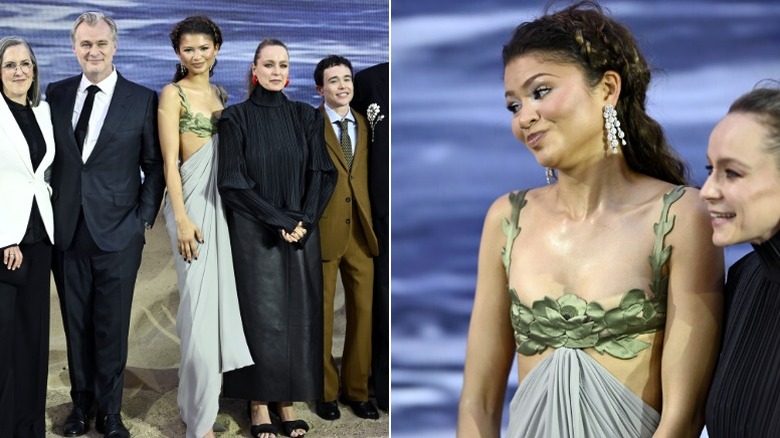 Side by side: (L) Zendaya with cast and crew on The Odyssey white carpet, (R) Zendaya close up on the event