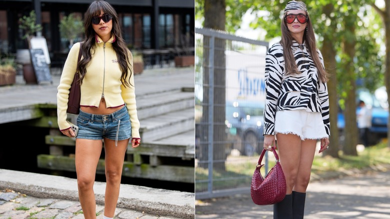 Women wearing mini denim shorts with a sports jacket and white denim mini shorts with boots, a zebra jacket, and a bandana