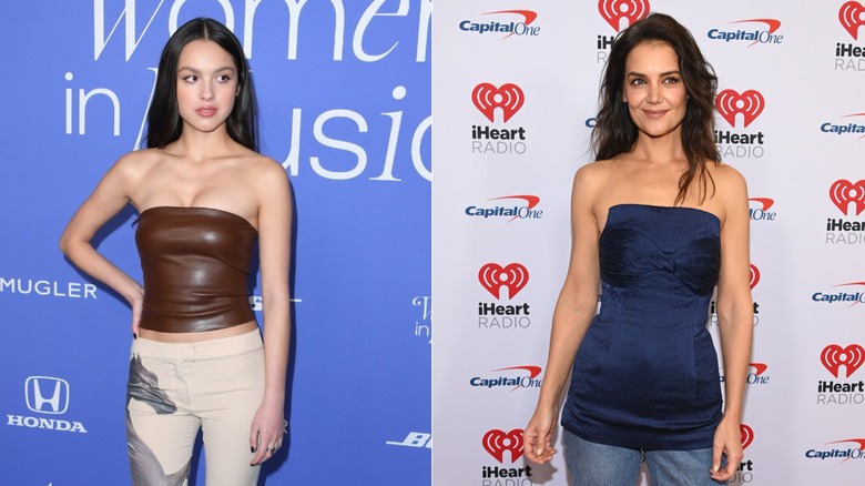 Left: Olivia Rodrigo at the 2023 Billboard Women in Music awards. Right: Katie Holmes poses at the iHeartRadio Jingle Ball red carpet.