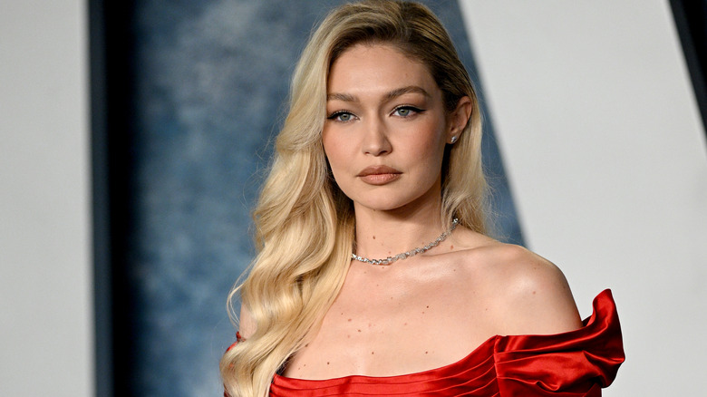 Gigi Hadid red off-the-shoulder dress