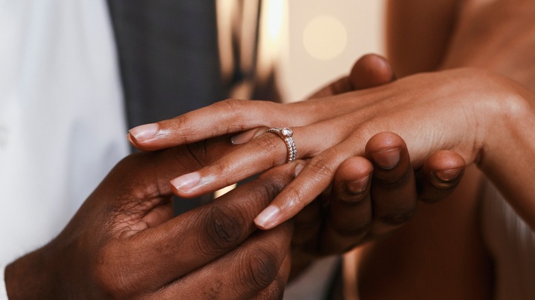 Engagement ring on hand closeup