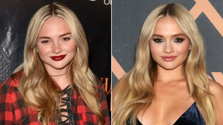 Natalie Alyn Lind wearing a heavy red lip in L.A. and at a Fox party wearing a heavy eye look