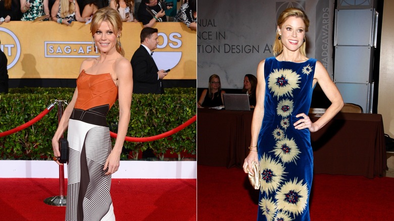 A side by side image of Julie Bowen in a red corset dress with a white and black skirt, and a blue velvet patterned gown