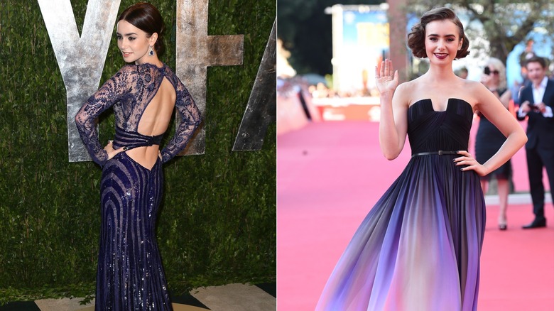 Lily collins purple dress hot sale