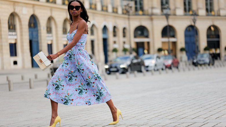 Woman wearing periwinkle dress