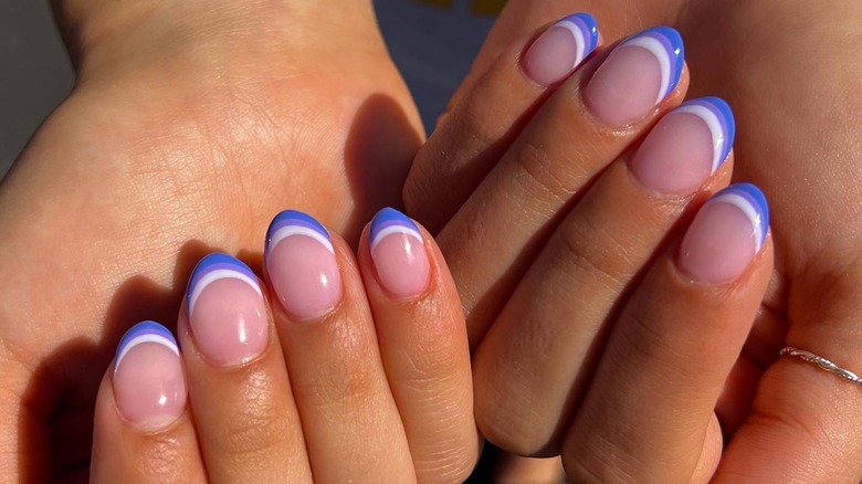Blue, purple, white rainbow french nails