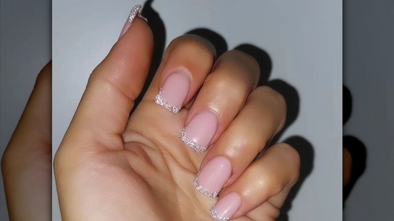 silver glittery french nails