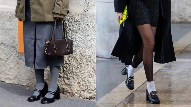 Close up of heeled Mary Jane shoes worn with socks and heeled loafers worn with socks and stockings