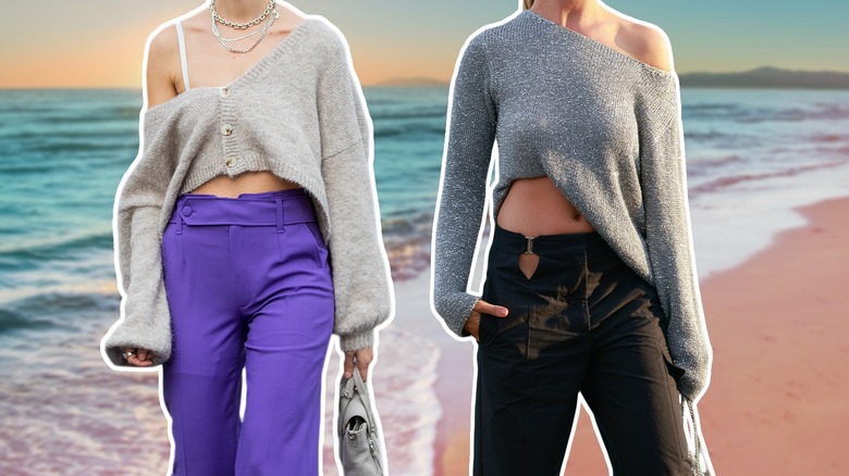 Wide-leg trousers and shoulder-sweater combo