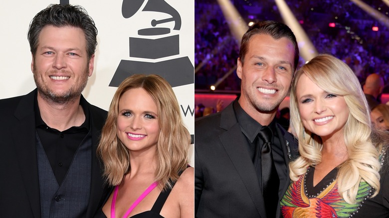 Side-by-side photos show Miranda Lambert posing with ex-husband Blake Shelton (left) and current husband, Brendan McLoughlin (right).