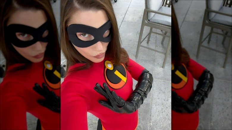Hailey Bieber's 2025 Halloween costume consisting of a Mrs Incredible outfit
