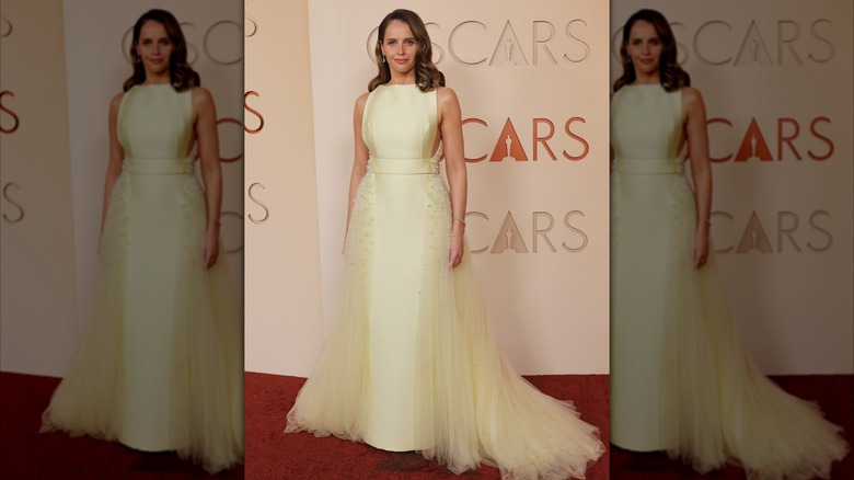 Felicity Jones stands on the Oscars 2026 red carpet