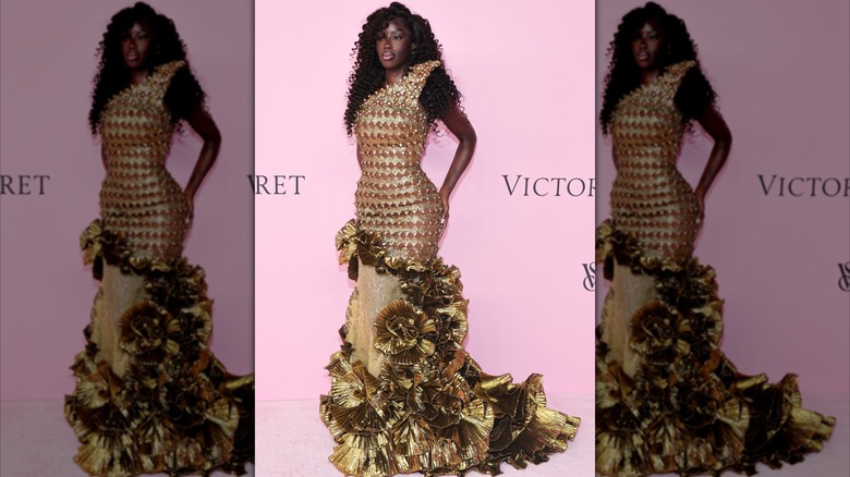 Golloria George in a gold gown at the 2026 Victoria's Secret Fashion Show