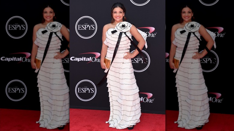 Laurie Hernandez at the 2017 ESPY Awards in a black and white ruffled dress