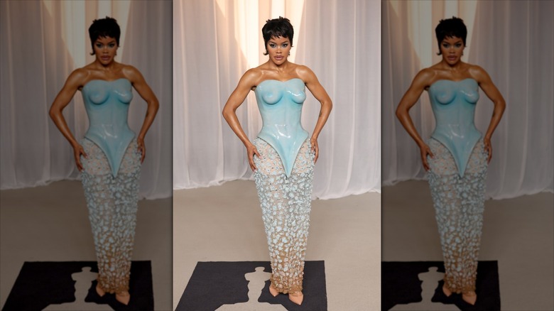Teyana Taylor at the 2026 Academy Museum Gala wearing an outfit with a lining that doesn't match her skin