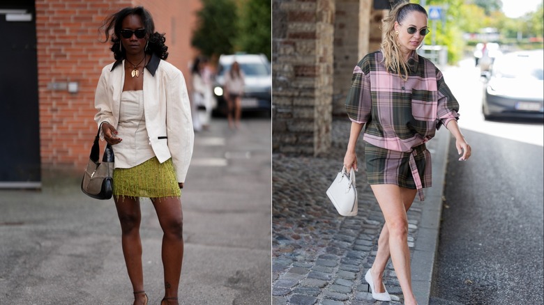 A guest wearing a pea green beaded fringe mini skirt with a cream corset and jacket during Copenhagen Fashion Week in August 2026 / A guest wearing a pink and green checkered minidress during Copenhagen Fashion Week in August 2026