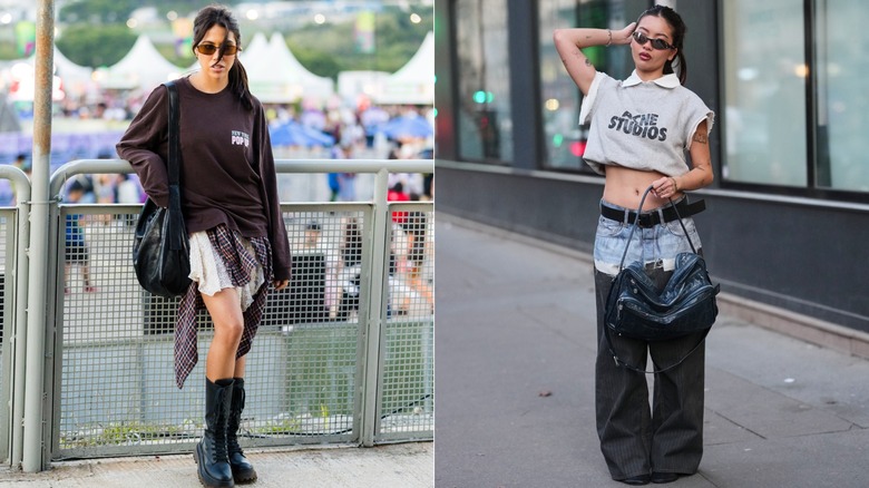 A festival-goer in a brown sweatshirt, flannel shirt, a lace skirt, and boots during Lollapalooza Brazil in Sao Paulo in March 2026 / A guest wearing a cropped sweatshirt and patchwork baggy jeans during Paris Fashion Week in March 2026