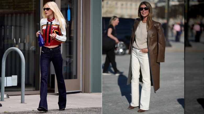 German model Laura Abla out and about in bootcut jeans and a racer jacket in Los Angeles in July 2026 / Nina Garcia in cream bootcut jeans, a crewneck sweater and brown leather trench coat during Paris Fashion Week in March 2026