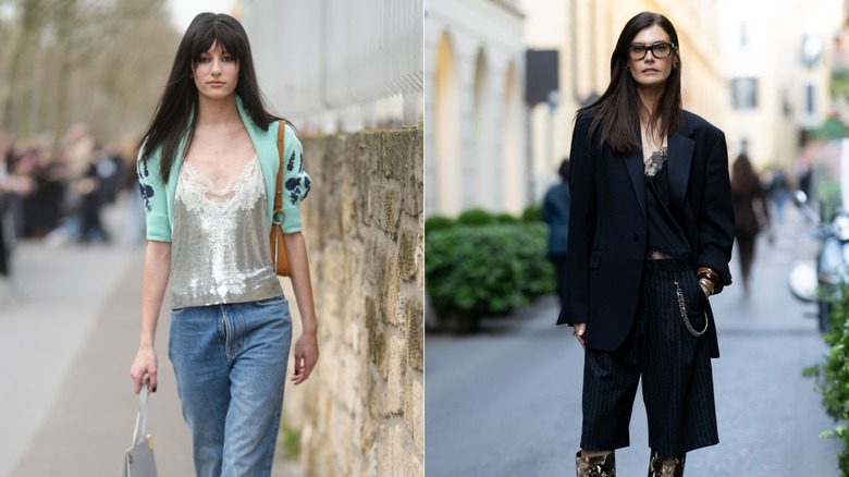 A guest during Paris Fashion Week wearing a lace-trimmed sequin cami and mint green cardigan in March 2026 / A person wearing a black lace cami and black blazer during Milan Design Week in April 2026