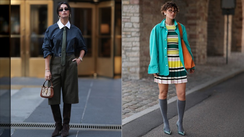 Marisa Lauren wearing a preppy button-up shirt and tie with olive green culottes and brown suede boots / Irina Kro Eicke in a striped knit top and pleated skirt, and a turquoise overshirt during Copenhagen Fashion Week in August 2026