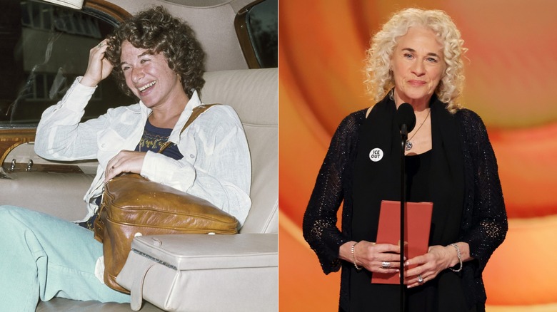 Side by side: Carole King inside of a car in 1976 and on stage in 2026