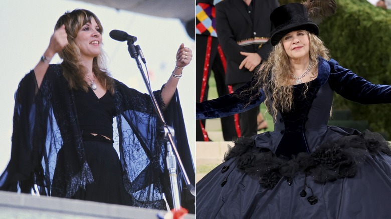 Side by side: Stevie Nicks on stage in 1977 and on a red carpet in 2026