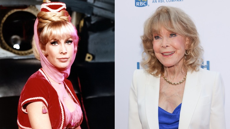 Barbara Eden in "I Dream of Jeannie" on the left, and at an event in 2026 wearing a blue top and white jacket on the right.
