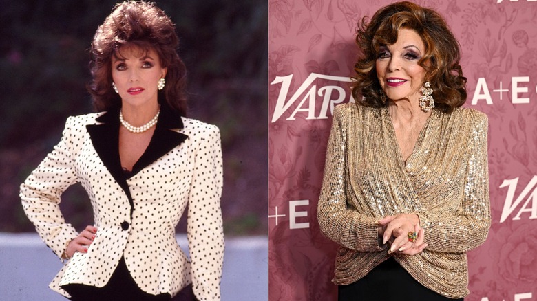 Joan Collins in "Dynasty" on the left and at an event in 2026 wearing a sparkly gold top on the right.